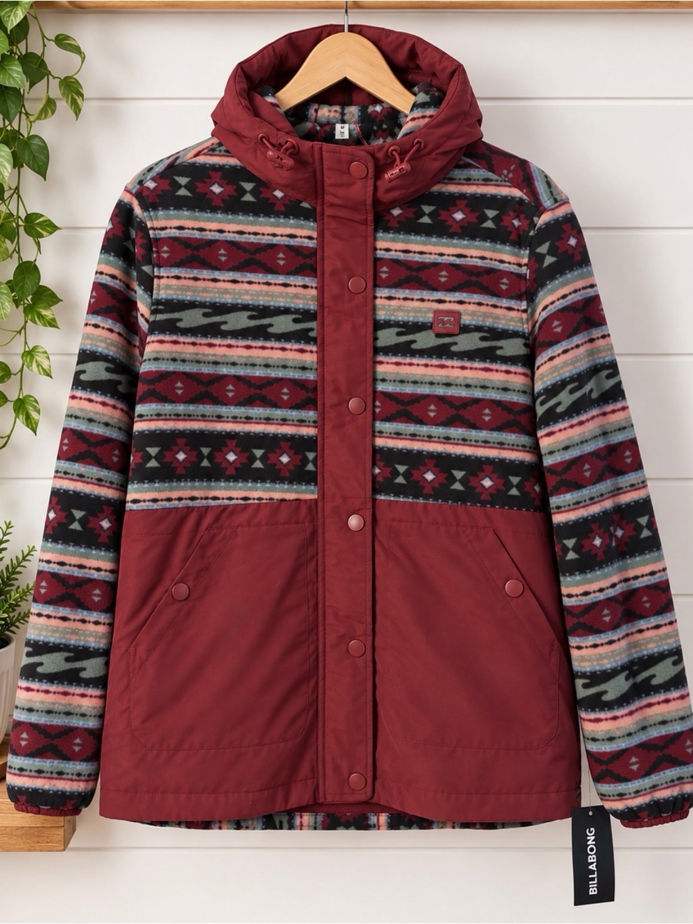 Billabong Maroon and Multi-Pattern Hooded Puffer Jacket